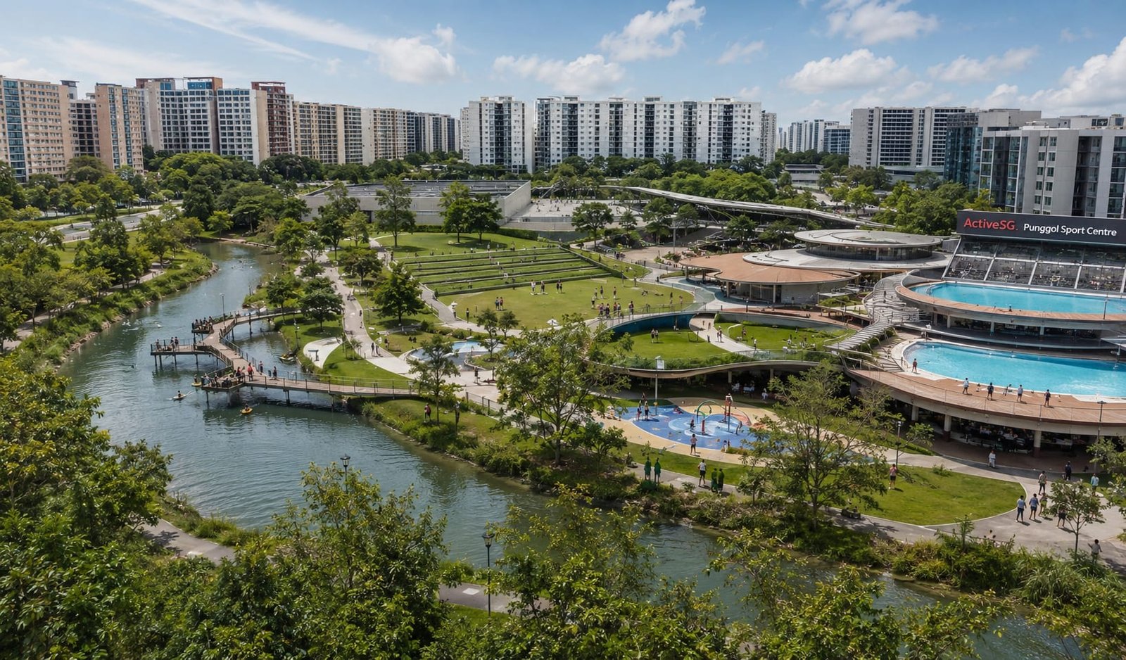Aerial view of Punggol Swimming Complex pools, Waterway Park and Punggol town