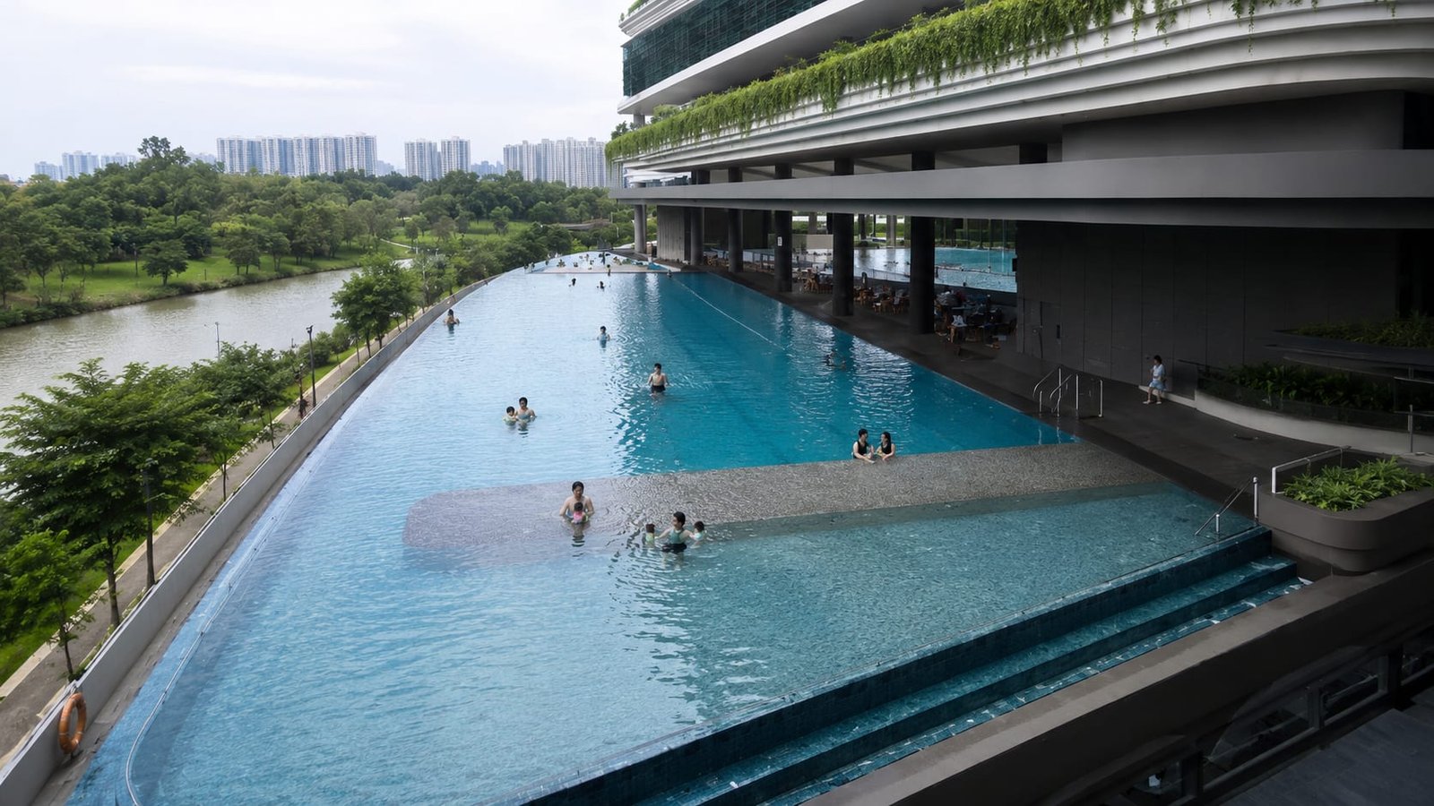 Aerial view of a pool overlooking Punggol Waterway near Punggol Central